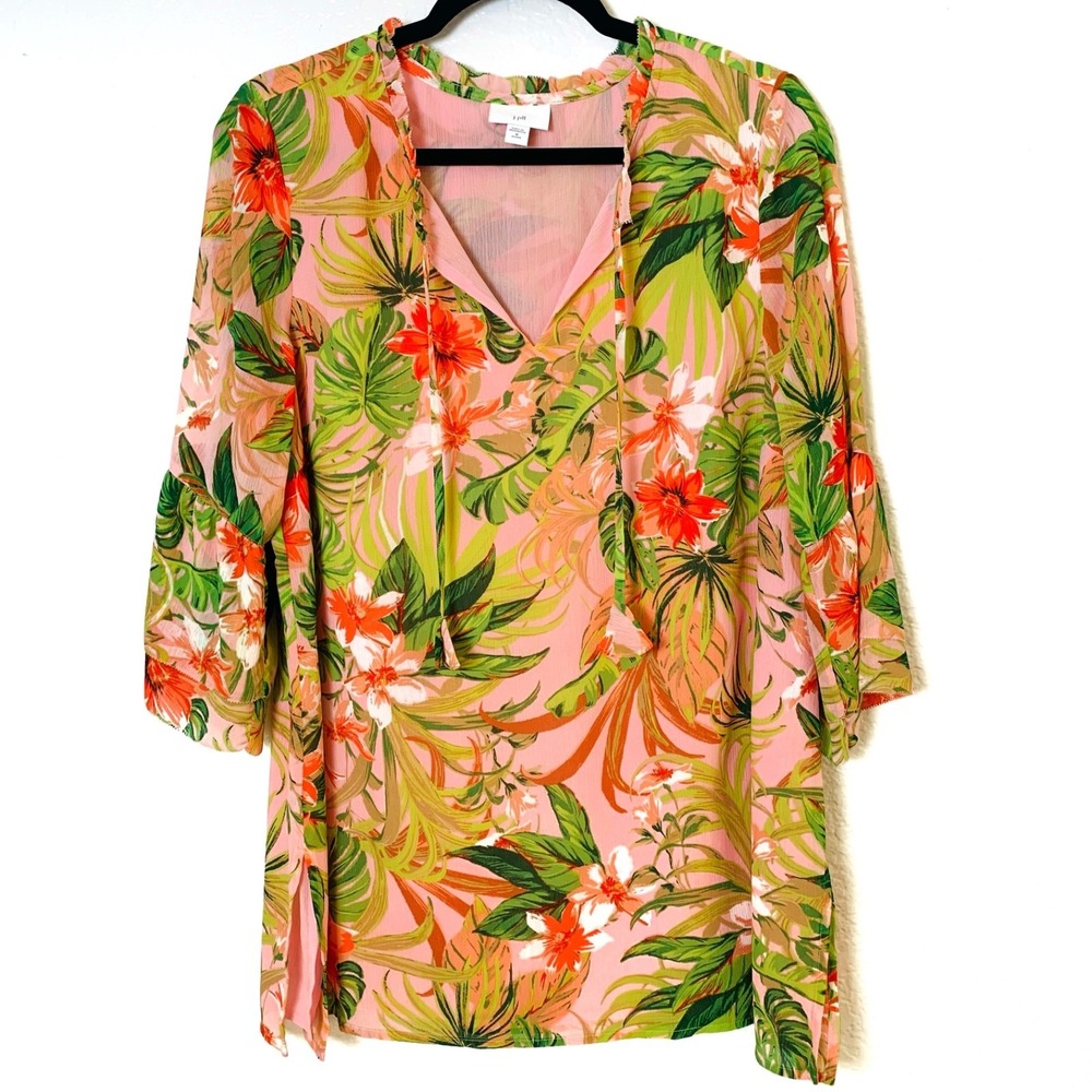 J.Jill Pink Floral Tunic Top Size Medium PETITE Bell Sleeve Tropical Boho Beach